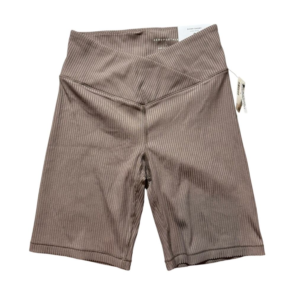 Aeropostale Biker Short Women's High Rise Ribbed Crossover Athletic Brown S New